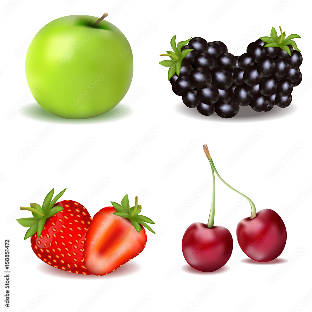 A set of useful fruits and berries. An Apple. Strawberry. Blackberry and Cherry. A set of useful fruits and berries. An Apple. Strawberry. Blackberry and Cherry.