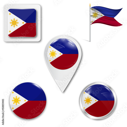 Set of icons of the national flag of Philippines in different designs on a white background. Realistic vector illustration. Button  pointer and checkbox.