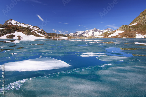 Mountain lake with ice