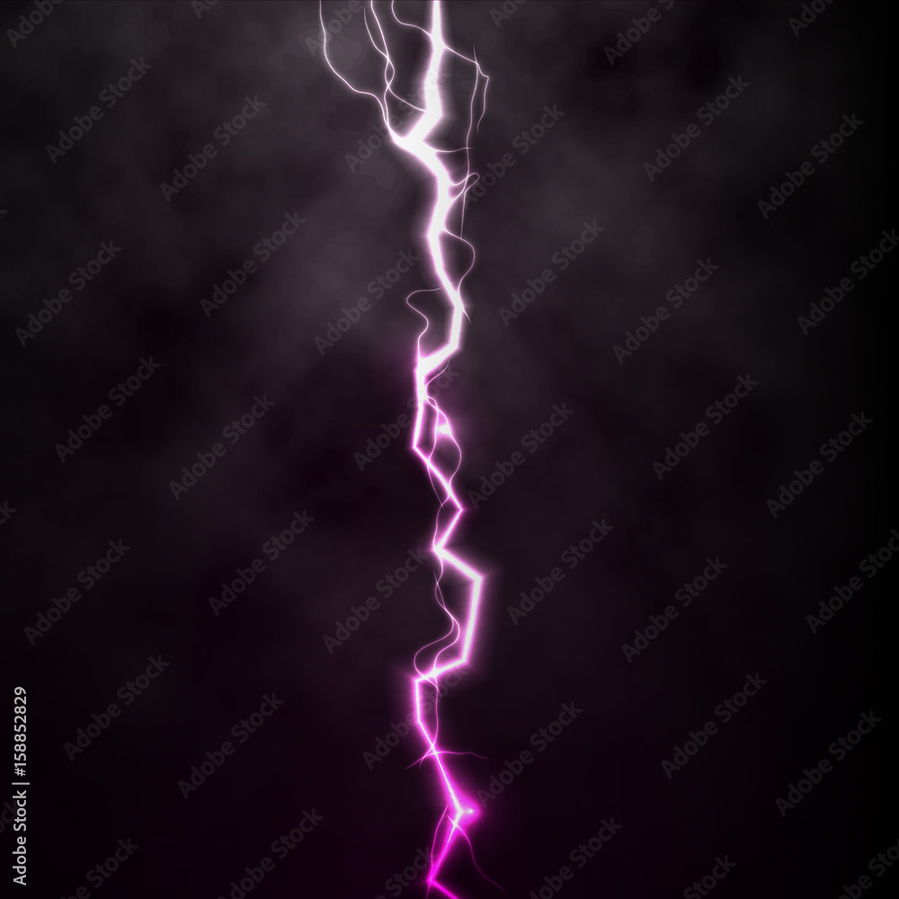 Lightning flash light thunder spark on black background with clouds. Vector spark lightning or electricity blast storm or thunderbolt in sky. Natural phenomenon of human nerve or neural cells system