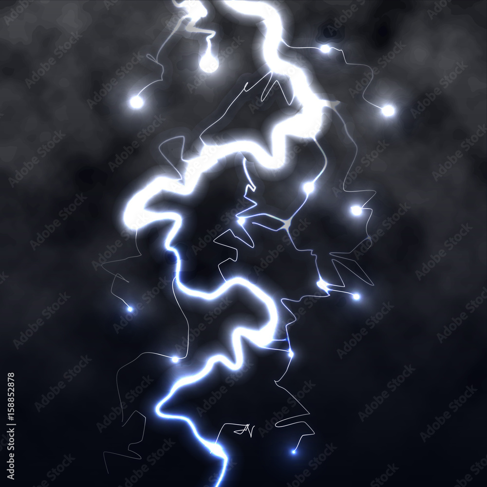 Lightning flash light thunder spark on black background with clouds ...