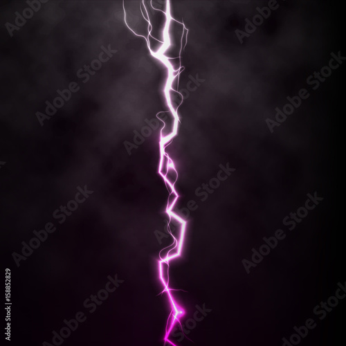 Lightning flash light thunder spark on black background with clouds. Vector spark lightning or electricity blast storm or thunderbolt in sky. Natural phenomenon of human nerve or neural cells system