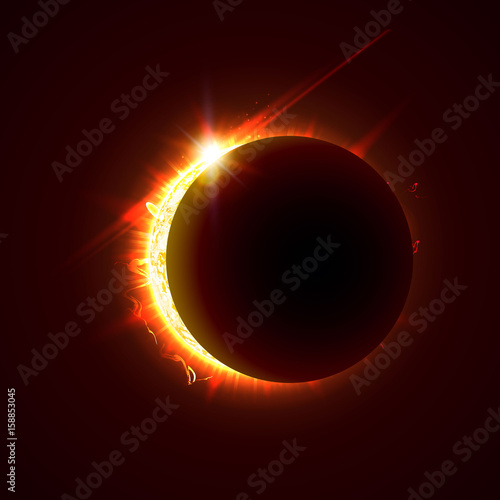 New sun eclipse vector illustration, 3d bright sunny summer day. Half of the sun realistic picture.