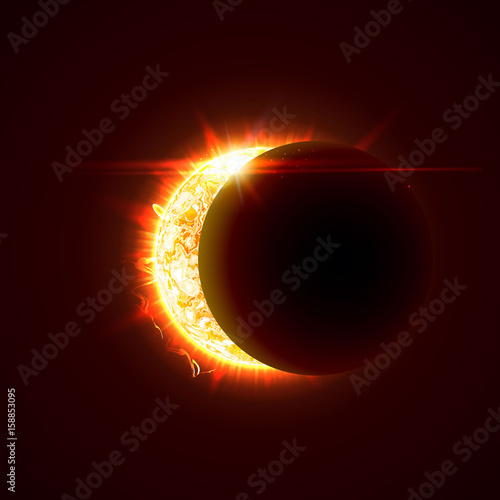 New sun eclipse vector illustration, 3d bright sunny summer day. Half of the sun realistic picture.