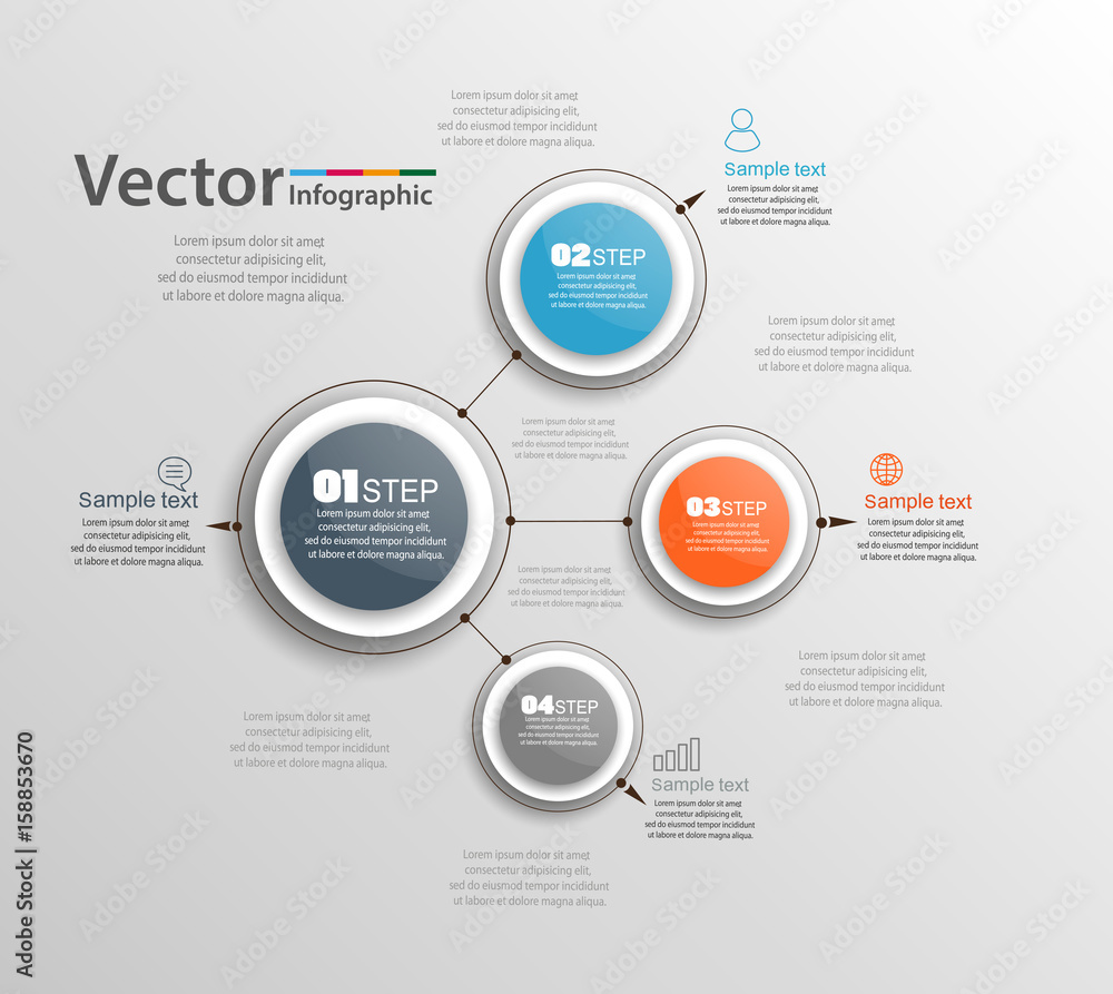 Four steps infographics with colorful circles. Can be used for workflow layout, diagram, business step options, banner, web design. Vector Eps 10