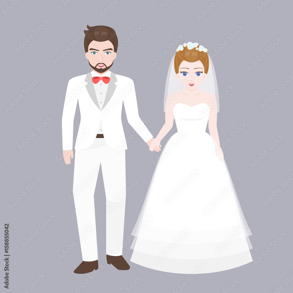 Groom holding hand with Bridge, lover couple in wedding costume concept, flat design vector Groom holding hand with Bridge, lover couple in wedding costume concept, flat design vector