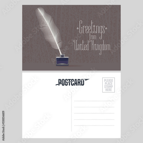 Postcard from United Kingdom, England with feather pen in vector