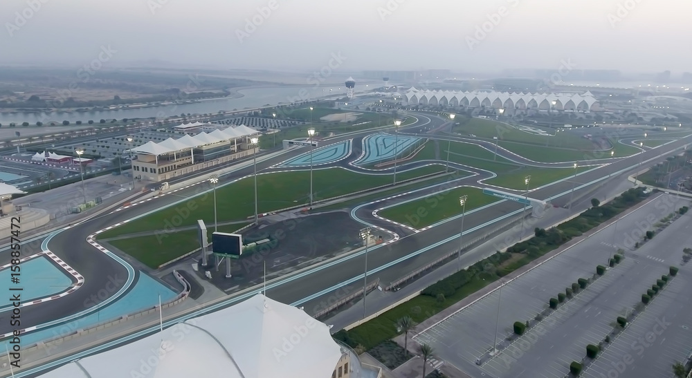 ABU DHABI, UAE - DECEMBER 2016: Ferrari World aerial view. Abu Dhabi attracts 10 million tourists annually