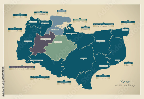 Modern Map - Kent county with details and Medway UK illustration