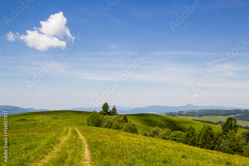 Green grass fields on hills with clody blue sky
