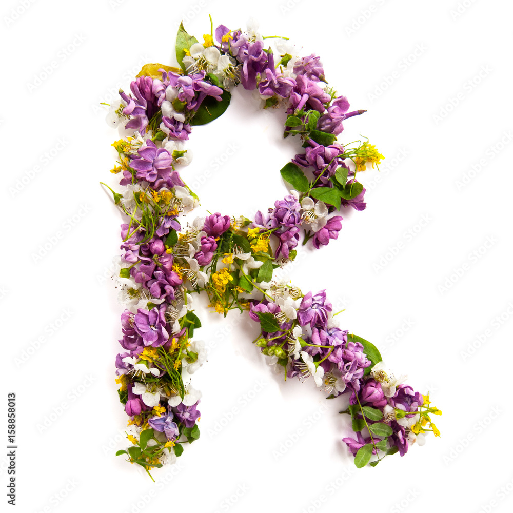 The letter «R» made of various natural small flowers..