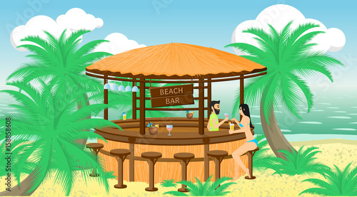 Vector illustration. Bartender offers a drink to a female client in the beach bar on the seaside.
