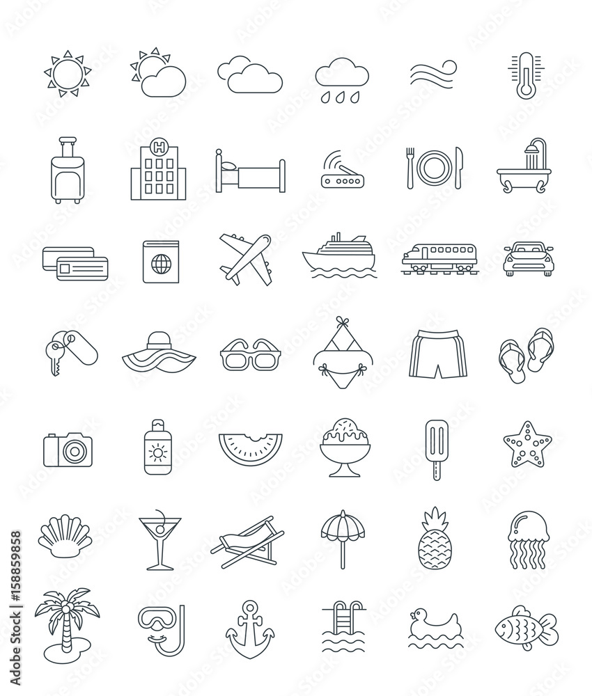 Summer travel thin line icons. Vector flat linear symbols of sea vacation elements. Outline weather pictograms, transport, hotel services, water relax, tropical fruits, beach holidays, swimming suits