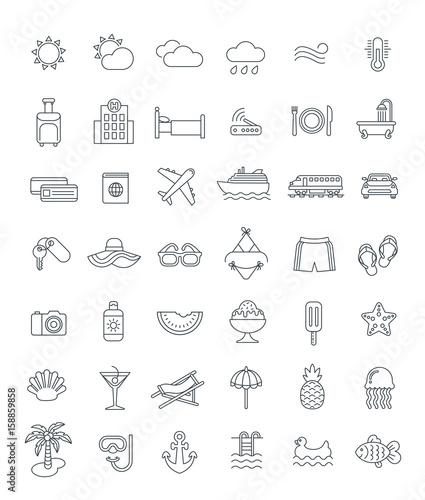 Summer travel thin line icons. Vector flat linear symbols of sea vacation elements. Outline weather pictograms, transport, hotel services, water relax, tropical fruits, beach holidays, swimming suits