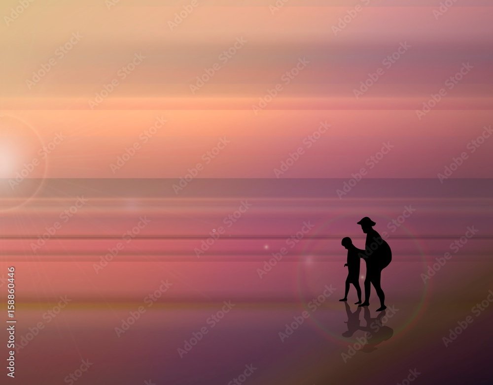 Beautiful vector illustration. A fabulous sunset on the sea. Father and son