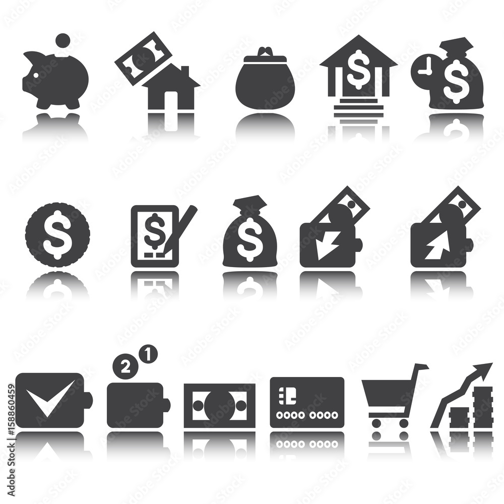 Finance icons, business signs.Vector set, shadow reflection. Finance icons, business signs.Vector set, shadow reflection.