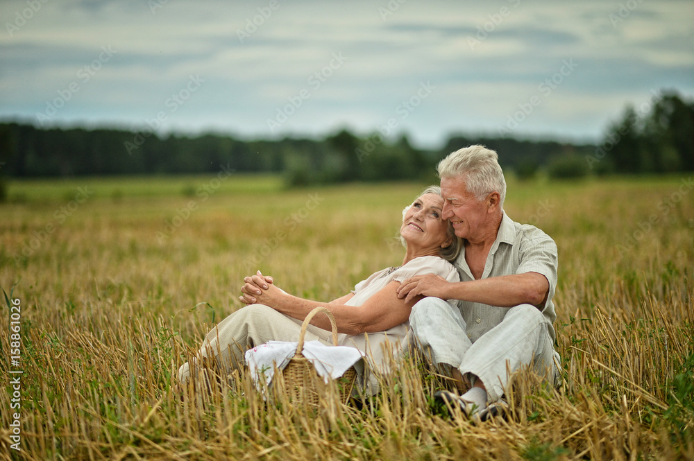 Fototapeta premium Senior couple on mowed field of wheat