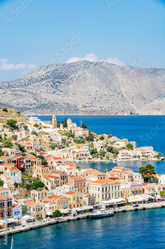 Cityscape of the capital city of a picturesque, romantic Symi island, Greece
