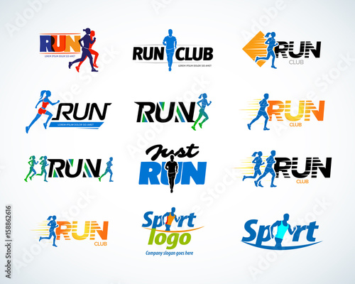 Sport club, running club vector labels and emblems, logotypes, badges. Apparel, t-shirt design concepts. Athletic silhouette training, athlete run illustration. Isolated vector illustration.