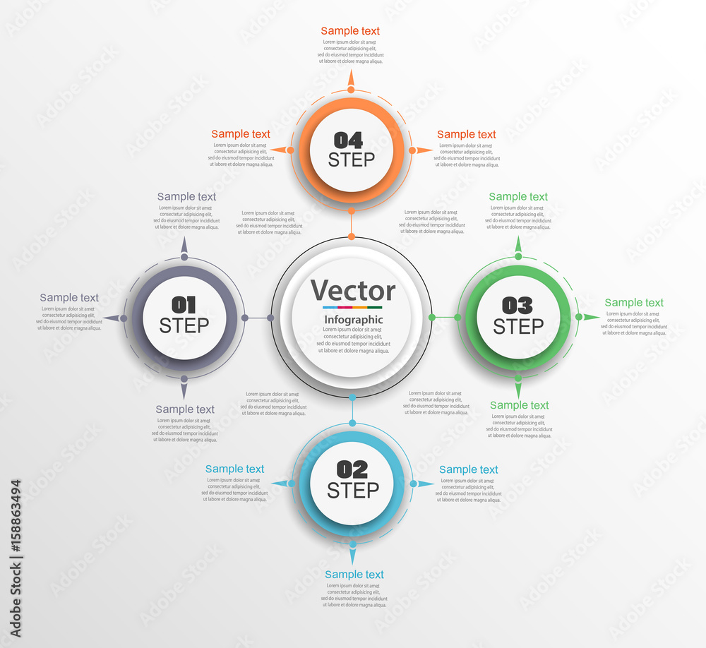 Infographic circle diagram. Vector banner with 4 steps, parts, options. Template for business infographics. Can be used for cycle diagram, round chart. Infographic circle diagram. Vector banner with 4 steps, parts, options. Template for business infographics. Can be used for cycle diagram, round chart.