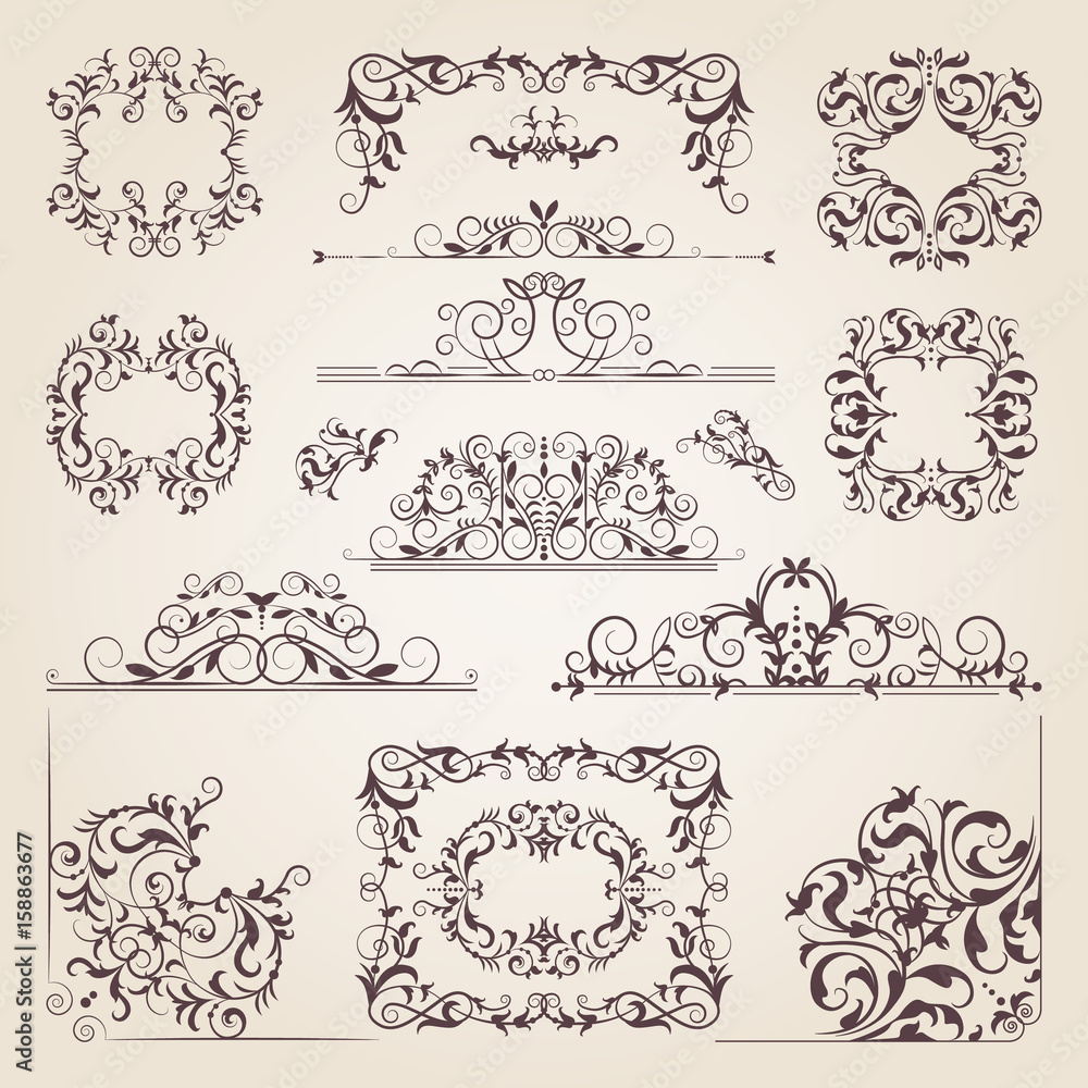 Vintage old banners, swirls, corners and different borders. Vector decorative frames. Design elements for your project