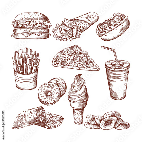 Fast food restaurant. Vector hand drawn pictures of burger french fries cola and pizza