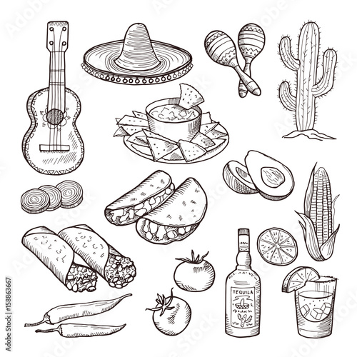 Fast food and other mexican culture elements. Sombrero, guitar, tequila and tacos. Vector hand drawn set