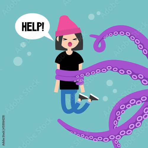 Young screaming female character attacked by octopus / flat editable vector illustration, clip art