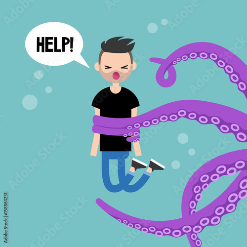 Young screaming character attacked by octopus / flat editable vector illustration, clip art
