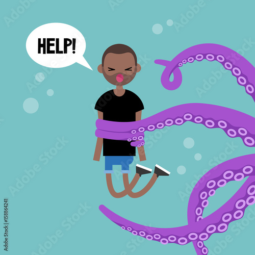 Young screaming character attacked by octopus / flat editable vector illustration, clip art