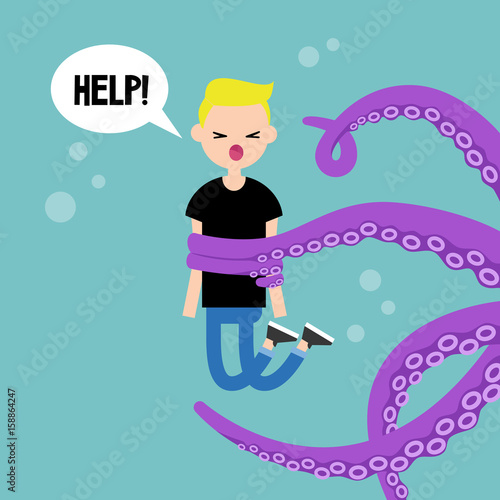 Young screaming character attacked by octopus / flat editable vector illustration, clip art