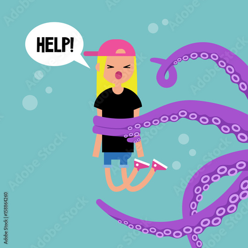 Young screaming female character attacked by octopus / flat editable vector illustration, clip art