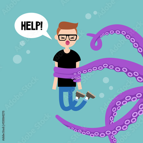 Young screaming character attacked by octopus / flat editable vector illustration, clip art