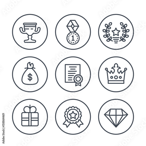 Rewards and prizes line icons on white