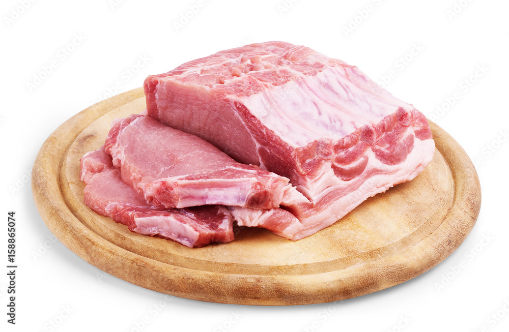Raw beef on cutting board isolated on white background Raw beef on cutting board isolated on white background