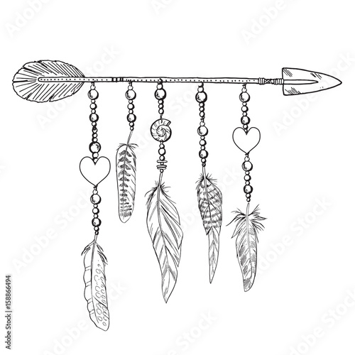 Boho elements. Vector illustration with feathers, arrow and chains. Ornamental bird feathers isolated on white.