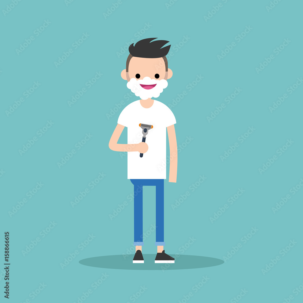 Young character shaving his face / flat editable vector illustration, clip art