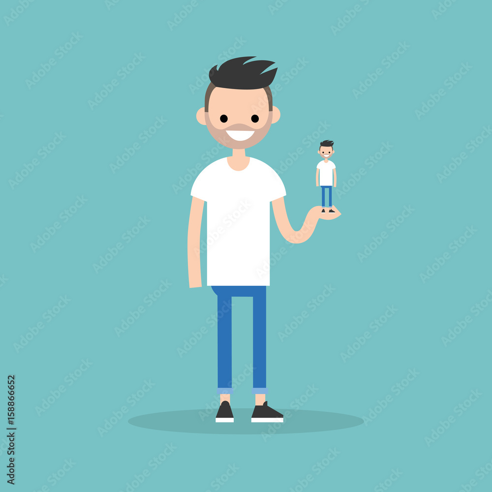 Self presentation. Young character holding his 3D model on the palm / flat editable vector illustration, clip art Self presentation. Young character holding his 3D model on the palm / flat editable vector illustration, clip art
