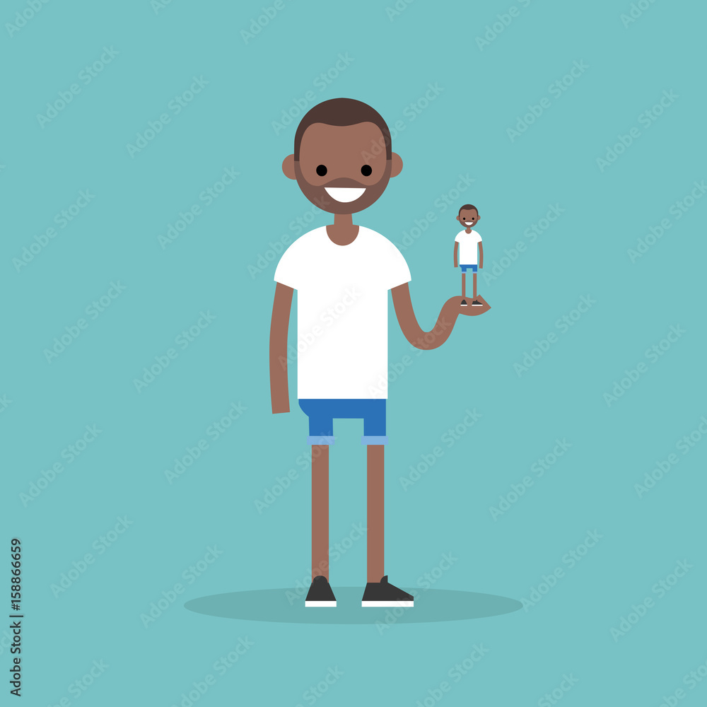 Self presentation. Young character holding his 3D model on the palm / flat editable vector illustration, clip art Self presentation. Young character holding his 3D model on the palm / flat editable vector illustration, clip art