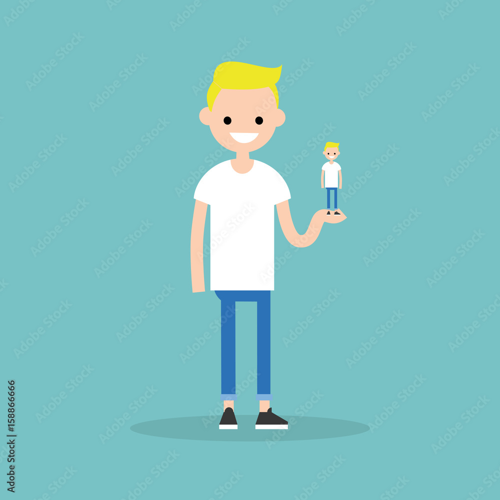 Self presentation. Young character holding his 3D model on the palm / flat editable vector illustration, clip art Self presentation. Young character holding his 3D model on the palm / flat editable vector illustration, clip art