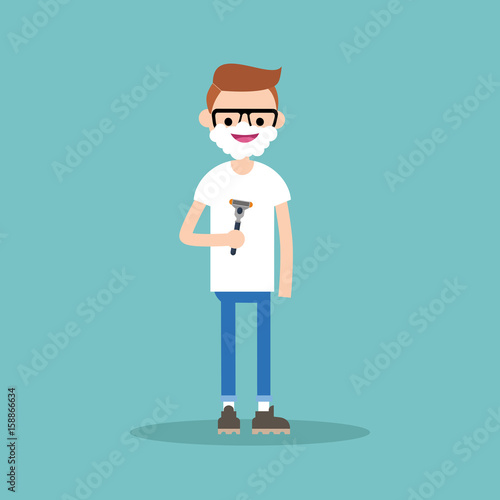 Young character shaving his face / flat editable vector illustration, clip art
