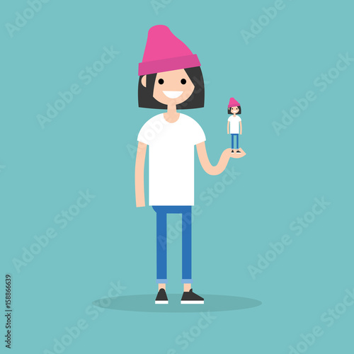 Self presentation. Young female character holding her 3D model on the palm / flat editable vector illustration, clip art