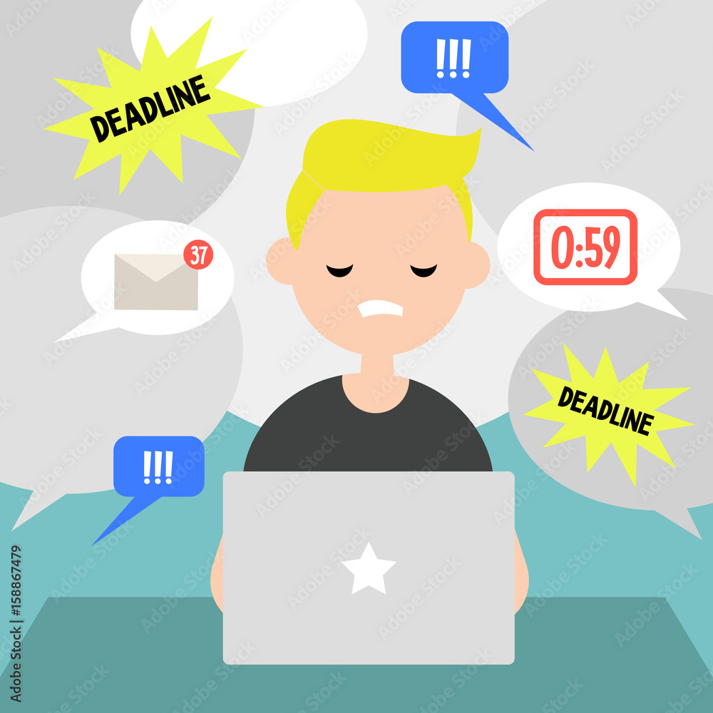Working process conceptual illustration. Young exhausted character surrounded by different tasks Working process conceptual illustration. Young exhausted character surrounded by different tasks