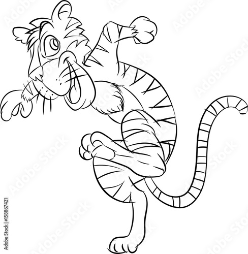 Fototapeta Naklejka Na Ścianę i Meble -  Line drawing cartoon a tiger take running in black and white color - Vector illustration