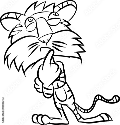 Fototapeta Naklejka Na Ścianę i Meble -  Line drawing cartoon a tiger take thinking in black and white color - Vector illustration