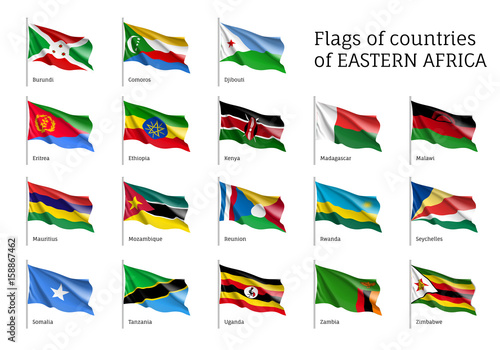 Set of waving flags of Eastern African states Djibouti, Comoros, Burundi and Eritrea, Ethiopia, Kenya, Malawi and Mauritius. 18 ensigns on flagpole of East Africa countries. Vector isolated icons
