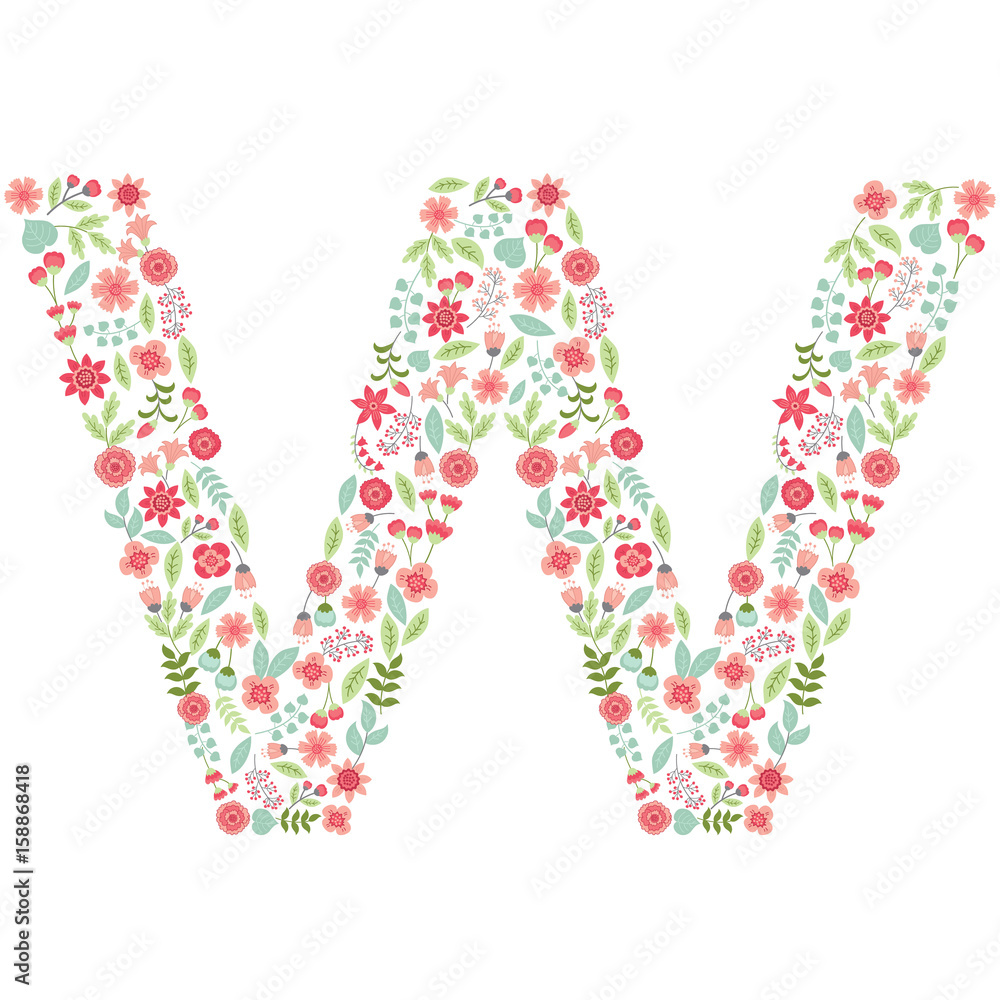 Vector floral letter W. Vector floral abc. English floral alphabet. Font vector illustration. Vector floral letter W. Vector floral abc. English floral alphabet. Font vector illustration.