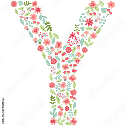Vector floral letter Y. Vector floral abc. English floral alphabet. Font vector illustration. 