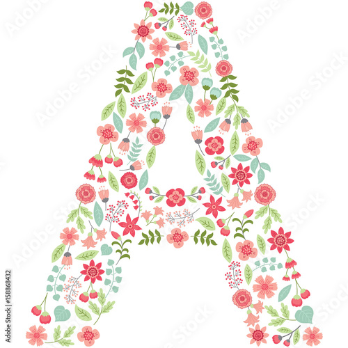 Vector floral letter A. Vector floral abc. English floral alphabet. Font vector illustration. 