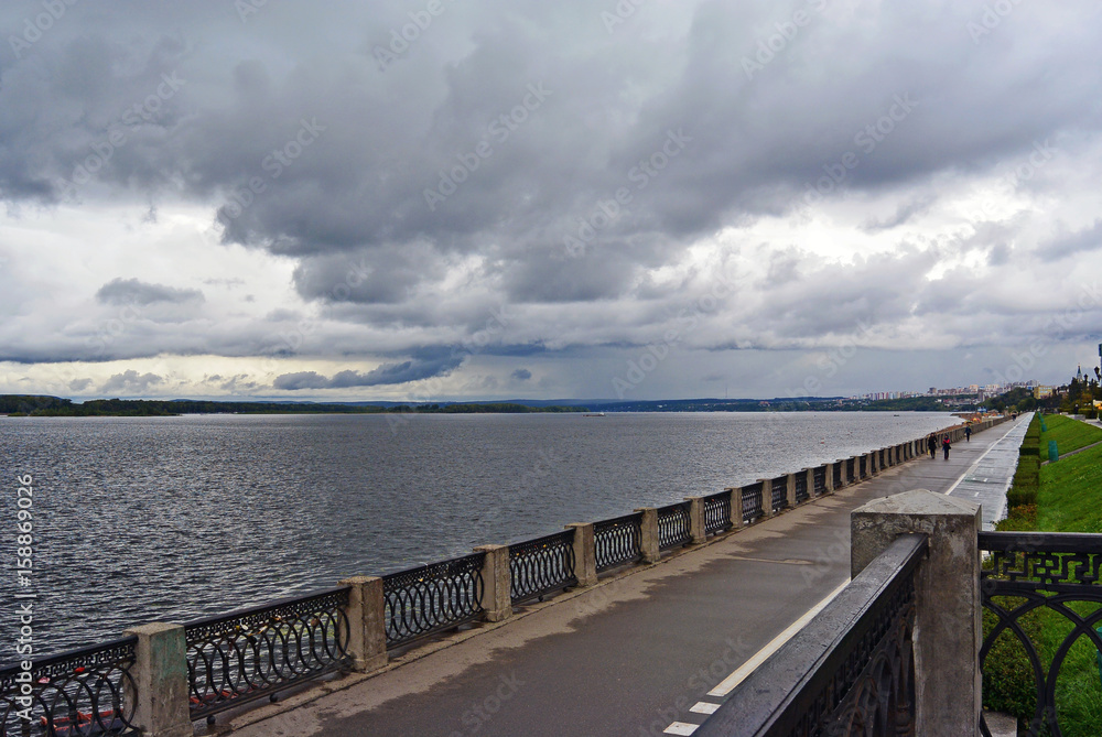 View on the Volga embankment of the Samara city in anticipation of thunderstorm.